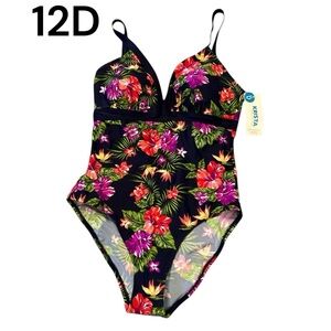 KRISTA SHAPE SOLUTION One Piece Swimsuit NEW Size 12 D Cup Tropical Floral Blue